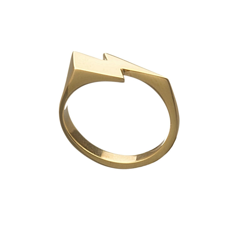 Louise Wade David Bowie Flash signet ring, lightning bolt ring in gold vermeil side view